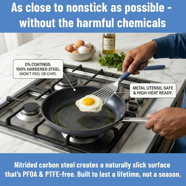 Carbon Nonstick™ Skillet - Nitrided Carbon Steel - Professional Alternative to Teflon - 1100°F High Heat Ready - Easy Release - Induction, Oven, & Grill Safe - 10 Inch10