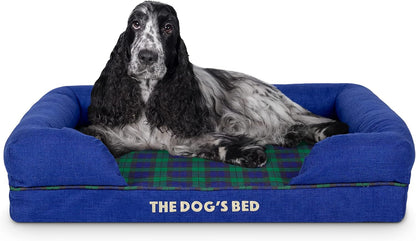 The Dog’S Bed Orthopedic Memory Foam Dog Bed with Bolsters for Large Dogs, High Density Support Mattress, Low Front Entry, Removable Washable Cover, Oxford Fabric, Blue with Dark Red Trim, Large22