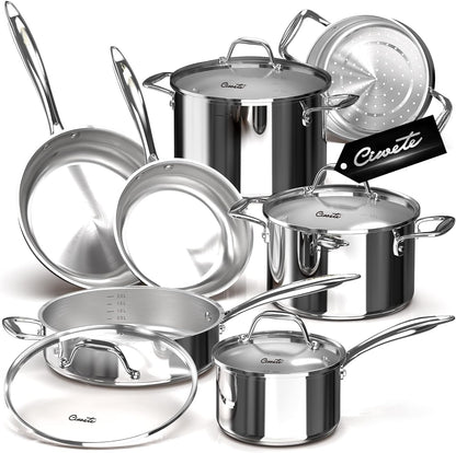 11-Piece Tri-Ply Stainless Steel Pots and Pans Set, 18/10 Stainless Steel Cookware Set with Steamer Insert, Induction Kitchen Cookware Sets with Cool Ergonomic Handles, Dishwasher, Oven Safe1