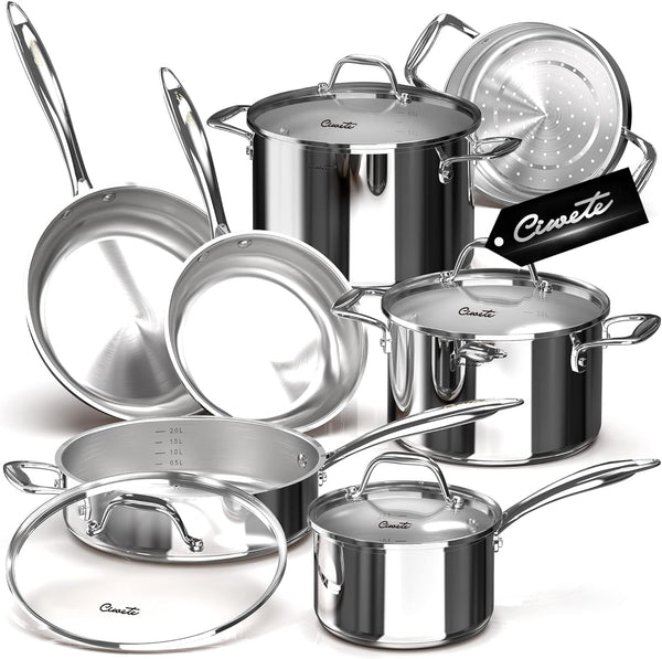 11-Piece Tri-Ply Stainless Steel Pots and Pans Set, 18/10 Stainless Steel Cookware Set with Steamer Insert, Induction Kitchen Cookware Sets with Cool Ergonomic Handles, Dishwasher, Oven Safe1