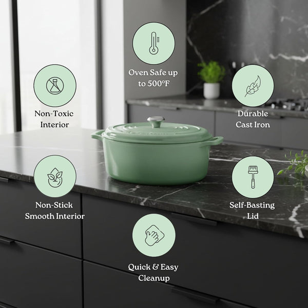 Signature Enameled Cast Iron Oval Dutch Oven | Non-Stick Serving Pot with Tight Fitting Lid for Perfect Roasting, Baking, Sauteing, and Bread Making | 5Q [Oyster Grey]9