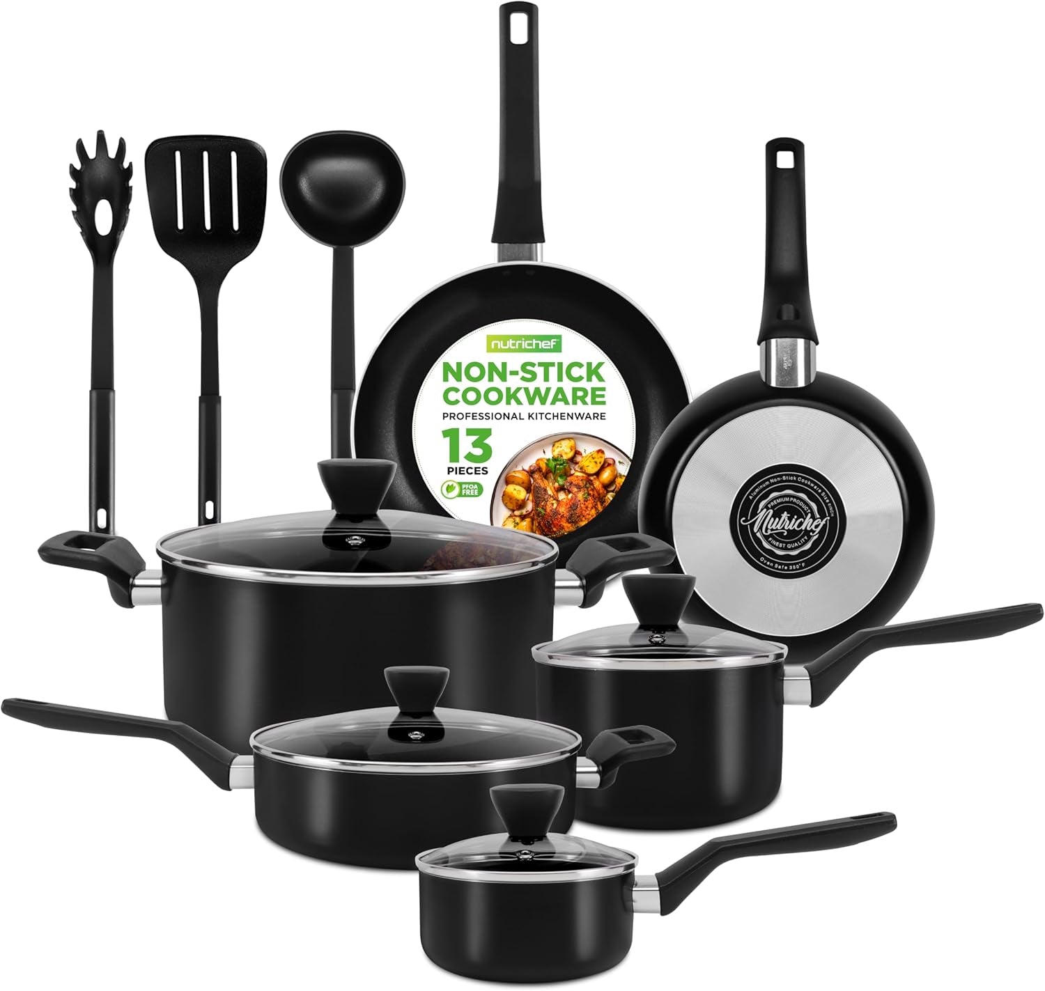 13-piece-nonstick-cookware-heat-resistant-kitchen-ware-set-w-saucepan-frying-pans-cooking-pots-casserole-lids-ladle-fork-strainer-nccwa13-black