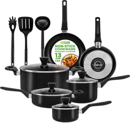 13-Piece Nonstick Cookware - Heat Resistant Kitchen Ware Set W/Saucepan, Frying Pans, Cooking Pots, Casserole, Lids, Ladle, Fork, Strainer - NCCWA13, Black1