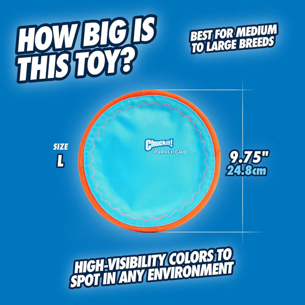 Chuckit! Paraflight Flying Disc Dog Toy - Water Floating Flyer - Durable Nylon Construction with Soft Rubber Edges - for Medium and Large Dogs - Size Large - 9.75" L X 9.75" W - Pack of 1 | Durable Nylon Build with Soft Rubber Edges, Made for Medium and Larger Sized Breeds, Lightweight and Easy to Throw, Pack of 13