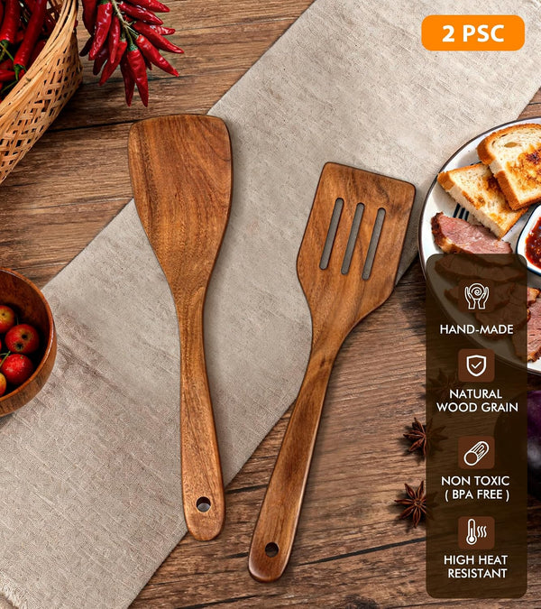2Pcs Wooden Spatula, Acacia Wooden Spatula for Kitchen Use, Nonstick Cookware Safe Utensils Set Including Turner and Slotted Turner, Ideal Cooking Utensils Gift Set for Cooking, Frying, Baking4