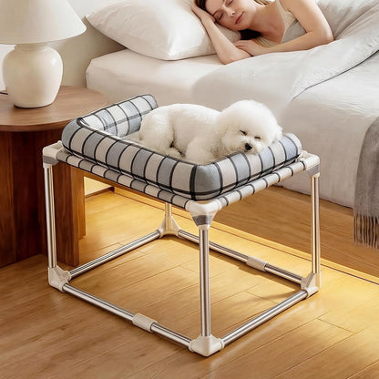 Bedside Cosleeper Dog Bed with Bloster, Height Elevated Pillow Bed Dog | Extension Attached to Human Bed for Dog Cat, Window Perch Bedside Lounge Elevated, Stainless Steel, Anti-Slip Feet1