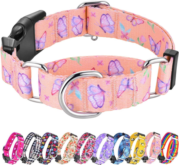 Hikiko Martingale Collar for Dogs Adjustable Soft Nylon Dog Collars with Cute Patterns for Small Medium Large Dog（Pink Butterfly,Medium）1