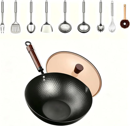 12 Inch Carbon Steel Wok with Lid, Pre-Seasoned Flat Bottom Wok Pan, 5.5QT Nonstick Chinese Woks & Stir-Fry Pans for Induction, Gas, Electric Stovetop, Uncoated No Chemical (11.81-In(9Pc))1