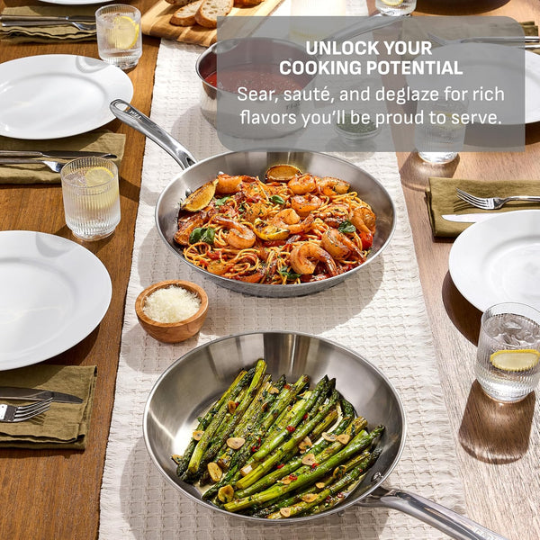 Gourmet Stainless Steel Frying Pan Set, 11 and 12.5 in Skillets | Induction Compatible, Oven Safe to 500°F, Dishwasher Safe, Riveted Stainless Steel Handles, Sears Meats and Sautés Vegetables3