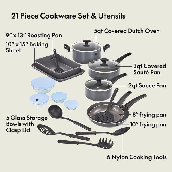 Cookware Set with Glass Lids with Nonstick, PFOA Free and Scratch Resistant Surface, Aluminum Bakeware, Pots and Pans, Storage Bowls & Utensils, Compatible with All Stovetops, 21 Piece, Gray3
