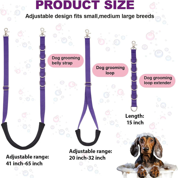Dog Grooming Belly Strap - 3PCS Grooming Restraint Set Adjustable Belly Band Loops Strap with Padded Support & Loop Extension Straps Pet Grooming Harness Kit for Dogs (Voilet)3
