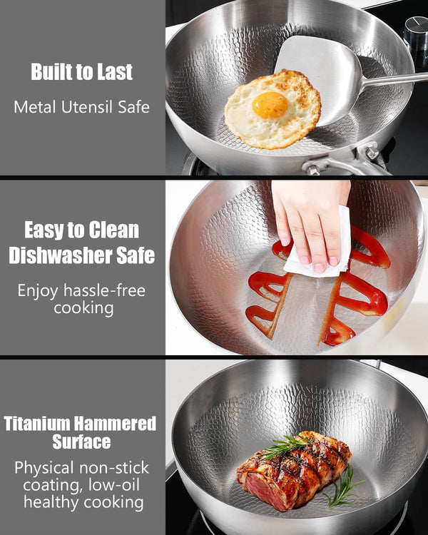 Pure Titanium Wok, Titanium Pans for Cooking, PFAS/PFOA/PTFE Free Cookware,With Lid,8.66In | Multifunctional Ultra-Durable Scratch-Resistant Non Stick Even Heating, Dishwasher&Oven Safe, Kitchen Induction Compatible7