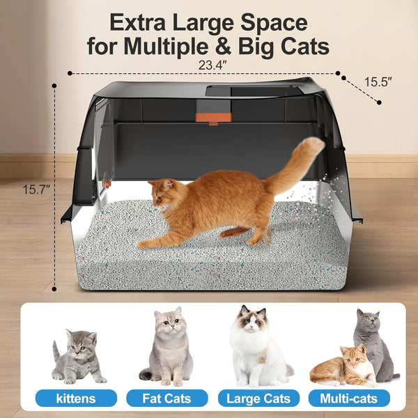 Stainless Steel Litter Box with Lid,Front Entry Top Exit Kitty Litterbox,Extra Large Enclosed Metal Cat Box with Litter Scoop & Litter Mat-Black2