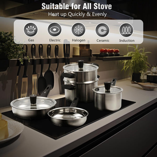 14-Piece Stainless Steel Cookware Set for Induction Stovetops – Non-Toxic Pots & Pans with Stay-Cool Handles, Glass Lids, Steamer, Pot Mats & Utensils – Dishwasher Safe Kitchen Cookware5