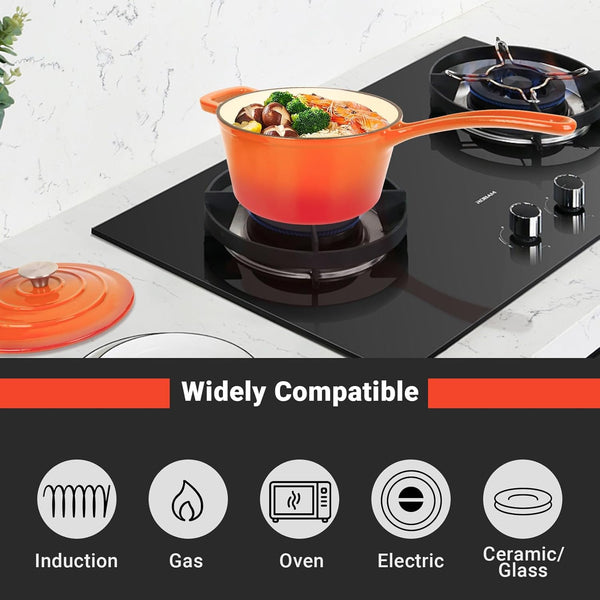 Enameled Cast Iron Sauce Pan, 2 Quarts round Sauce Pot with Lid, Mini Dutch Oven Enamel Saucepan for Cooking Pasta Sauce, Marinate, Cook, Refrigerate and Serve, Flame Orange4