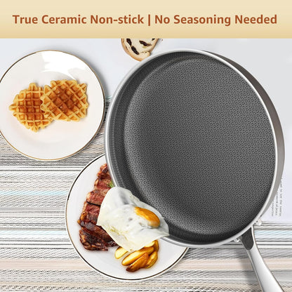 12 Inch Hybrid Nonstick Frying Pan with Glass Lid | PFOA Free | Stainless Steel Skillet | Non-Toxic | Stay-Cool Detachable Handle | Dishwasher and Oven Safe | Induction Ready4