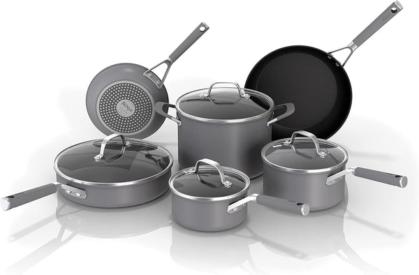 Ninja Neverstick Professional Hard-Anodized 10 Piece Pots & Pans Set, Nonstick Cookware Set, Durable, Oven Safe to 500°F, Slate Grey, C395001