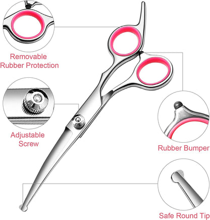 Dog Grooming Scissors Kit, Premium Stainless Steel Dog Shears with Curved Shears, Sharp Durable for Dogs Cats+Pink 3 Piece2
