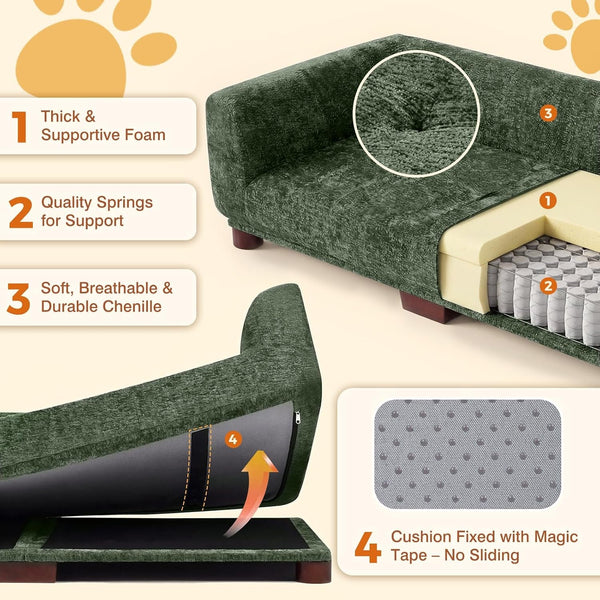 Dog Couch Sofa for Large & Extra Large Dogs, Elevated Pet Bed with Legs, Button Tufted Chenille Dog Couch with Backrest and Armrests, Modern Indoor Dog Furniture(Green, XXL - 55" X 28" X 15")4