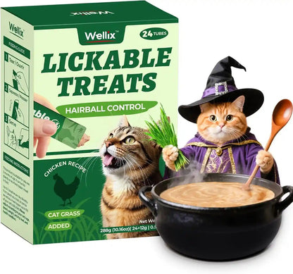 Wellix Lickable Cat Treats Grain-Free Chicken & Cat Grass Flavor (24 Count) | Low-Calorie Squeezable up Cat Treats with Cat Grass & FOS for Gentle Hairball Control, Digestive & Gut Health Support1