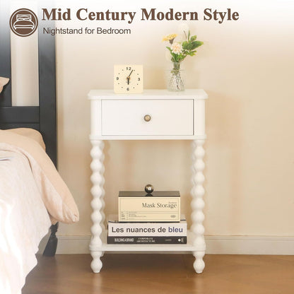 White Nightstand, Small Side Table with Drawer for Living Room, Farmhouse End Bedside Table with Spindle Wood Legs for Bedroom, Office, White5