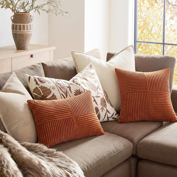 2 Packs Rust Boho Decorative Throw Pillow Covers 18X18 Inch for Couch Bed Sofa, Farmhouse Fall Home Decor, Soft Corss Corduroy Patchwork Textured Terracotta Accent Cushion Case 45X45 Cm5