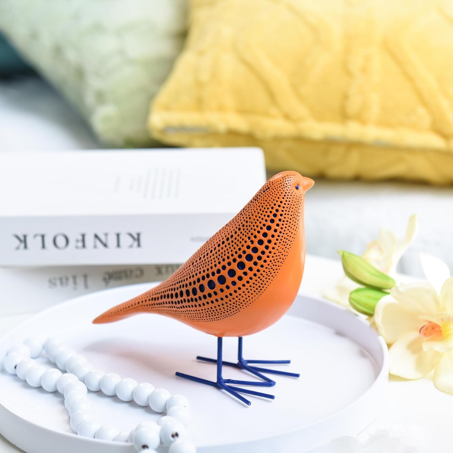 bird-figurine-modern-sculpture-and-statues-for-home-decor-animal-statues-for-bookshelf-table-entryway-fireplace-resin-decorative-sculpture-with-chic-polka-dots-art-design-orange
