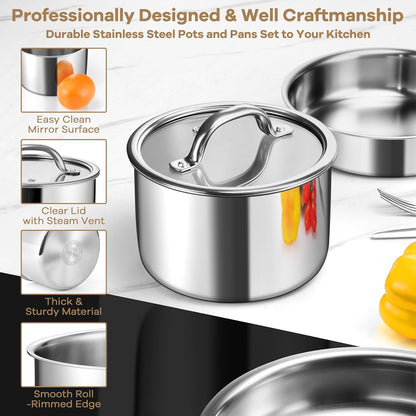 9Pcs Stainless Steel Cookware Set, 3-Ply Pots and Pans Set W/Detachable Handle & Lid, Induction Cookware Kitchen Cooking Set for RV Camping, Nontoxic Whole Clad Frying/Saute/Sauce Pan, Oven Safe6