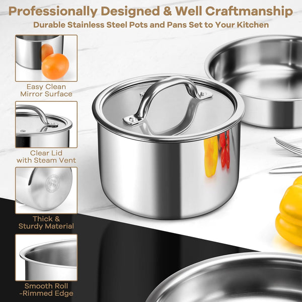 9Pcs Stainless Steel Cookware Set, 3-Ply Pots and Pans Set W/Detachable Handle & Lid, Induction Cookware Kitchen Cooking Set for RV Camping, Nontoxic Whole Clad Frying/Saute/Sauce Pan, Oven Safe6