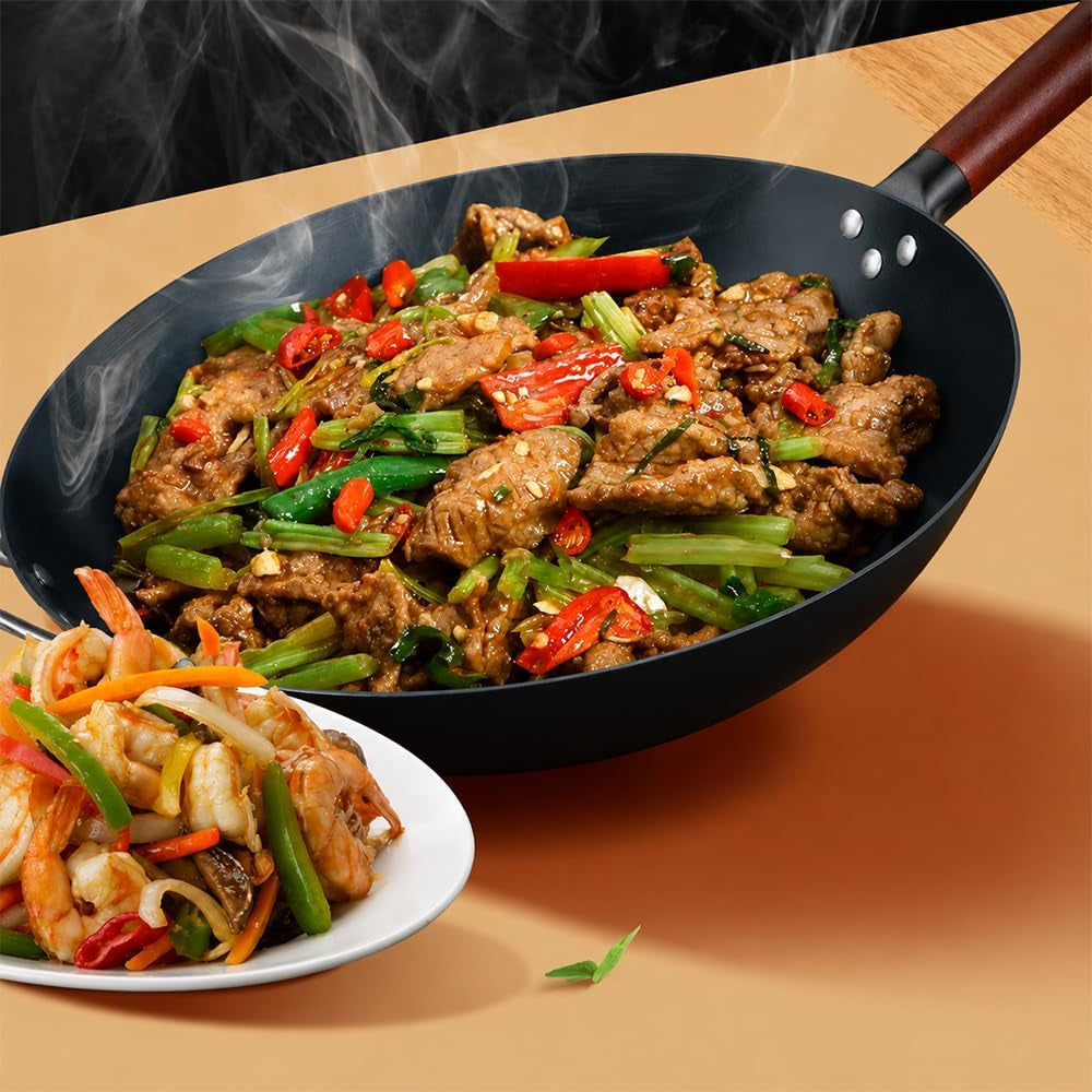 14-blue-carbon-steel-wok-pan-pre-seasoned-round-bottom-stir-fry-pan-with-wooden-handle-helper-handle-chemical-free-cookware-for-gas-electric-induction
