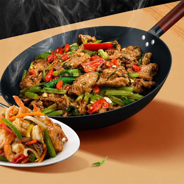 14" Blue Carbon Steel Wok Pan – Pre-Seasoned round Bottom Stir Fry Pan with Wooden Handle & Helper Handle – Chemical-Free Cookware for Gas, Electric & Induction3