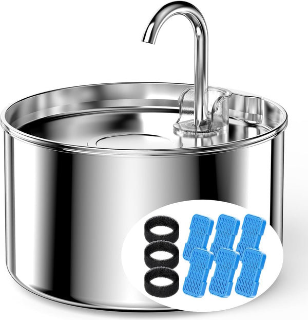 Cat Water Fountain Stainless Steel + 6 Filters + 3 Sponges - Pet Water Fountain 24/7 Keep the Water Fresh 74Oz Capacity Ultra-Quiet No Sputter Compact Easy to Clean1