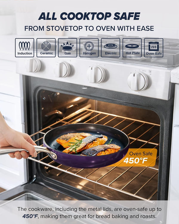 Essential Series 5PC Ceramic Cookware Set Pfas-Free, Dishwasher Safe | G11 Duralon Blue Coating, Pots and Pans Set Non-Stick, Scratch-Resistant, Stay-Cool Handle, Metal Lid, Induction Ready5