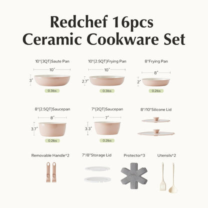 Pans and Pots Set Nonstick, Ceramic Cookware Set with Detachable Handles 16Pcs, Induction Dishwasher Oven Safe Kitchen Cooking Set, PFAS PFOA & PTFE Free, Pink8