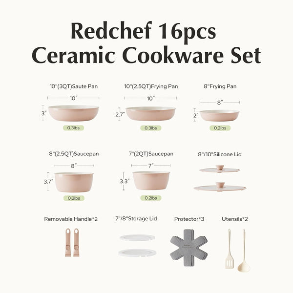 Pans and Pots Set Nonstick, Ceramic Cookware Set with Detachable Handles 16Pcs, Induction Dishwasher Oven Safe Kitchen Cooking Set, PFAS PFOA & PTFE Free, Pink8