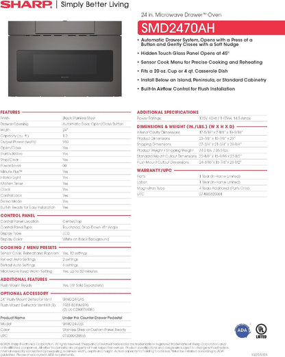 SMD2470AH Microwave Drawer Oven, 24-Inch, 1.2 Cubic Feet, 950 Watt, Concealed Control Panel with Digital LCD Display, Black Stainless Steel19