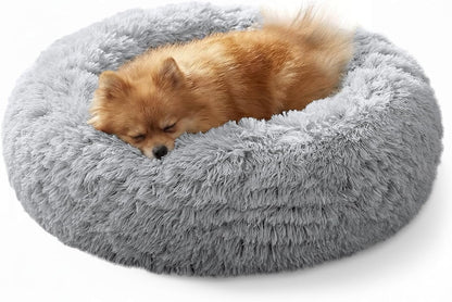 JOLLYVOGUE Small Dog Bed, Calming Dog Beds for Small Dogs & Indoor Cats - 20 Inches Donut Washable Cat Bed for Kittens & Puppies, round Fluffy Plush Faux Fur Pet Beds(Smoke Grey)40