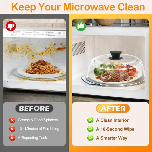 Glass Microwave Splatter Cover for Food with Microwave Place Mat - Sturdy Plate Guard Lid with Vent Holes and Easy-Grip Silicone Handle - BPA Free, Dishwasher Safe (Black)2