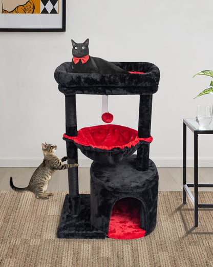 SYANDLVY Gothic Cat Tree with Coffin Bed for Indoor Cats, Modern House | Small Activity Tower with Scratching Post, Condo & Cradle, Kittens Cave, Black & Red6
