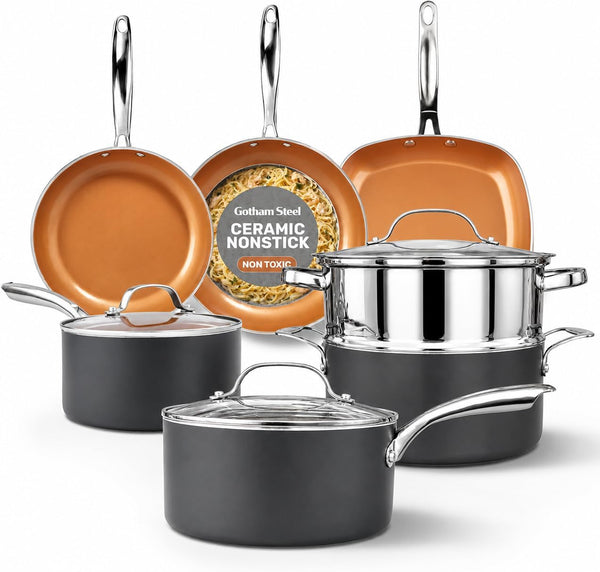 12 Pc Ceramic Cookware Set Nonstick, Ceramic Pots and Pans Set Non Stick with Steamer for Cooking, Non Toxic PFOA PFOS Free, Ergonomic Stay Cool Handles, Oven & Dishwasher Safe, Copper | Non Toxic PFOA/PFOS/PTFE Free Ceramic & Titanium Coating, Stay Cool Stainless Steel Handles, Dishwasher & Oven Safe, Copper1