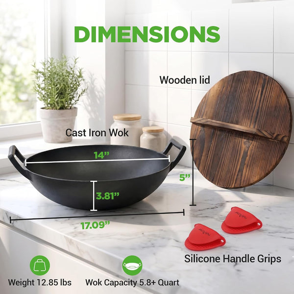 14" Cast Iron Wok with Wooden Lid - Pre-Seasoned Kadai for Stir-Fry with Loop Handles, Compatible with Multiple Cooktops Including Induction, Large 5.8 Qt Capacity7