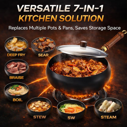 2026 Upgraded Uncoated Thick Iron Pot, Japanese Hand-Forged Non-Stick Iron Pan without Coating, Durable and Rust-Free for Cooker Gas Stir Fry Pans round Bottom with Lid (Glass Lid,11In)5