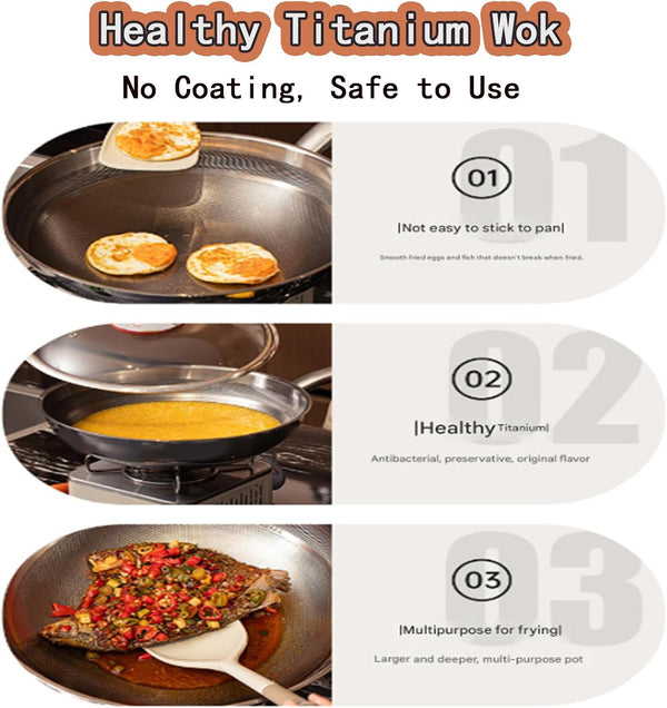 Titanium Hammered Deepen Wok with Lid, Multifunctional Ultra-Durable Scratch-Resistant Non Stick Even Heating Titanium Wok for Cooking with All Cooktops,12.59In4