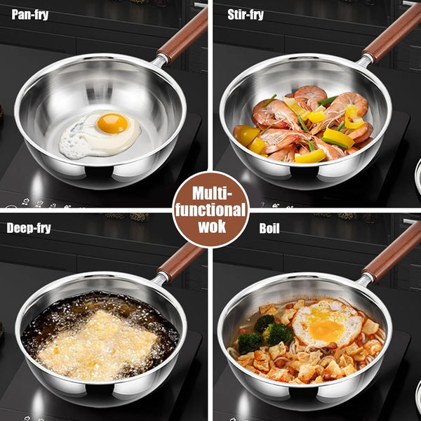 5-Ply Stainless Steel Wok Pan with Lid, Wide & Deep Cookware Stir-Fry Pans, Non-Stick Wok, Scratch-Resistant Pans for Cooking,Compatible with All Cooktops,Wok,8.66In8