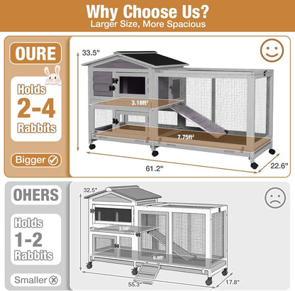 Bunny Cage Indoor and Outdoor Rabbit Hutch with Casters Waterproof Roof, Pull Out Tray from Back and Front 61.2" L X 22.6" W X 33.5" H2