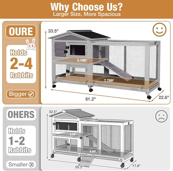 Bunny Cage Indoor and Outdoor Rabbit Hutch with Casters Waterproof Roof, Pull Out Tray from Back and Front 61.2" L X 22.6" W X 33.5" H2