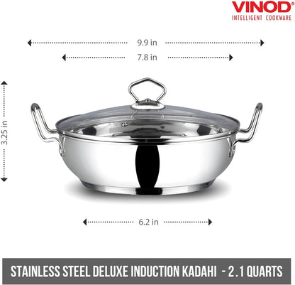 Stainless Steel Kadhai with Tempered Glass Lid, 20Cm, Premium Quality | 2 Litre Induction-Friendly Multi-Use Pot for Sauces, Deep Frying and Stews; Indian Cooking Essential2