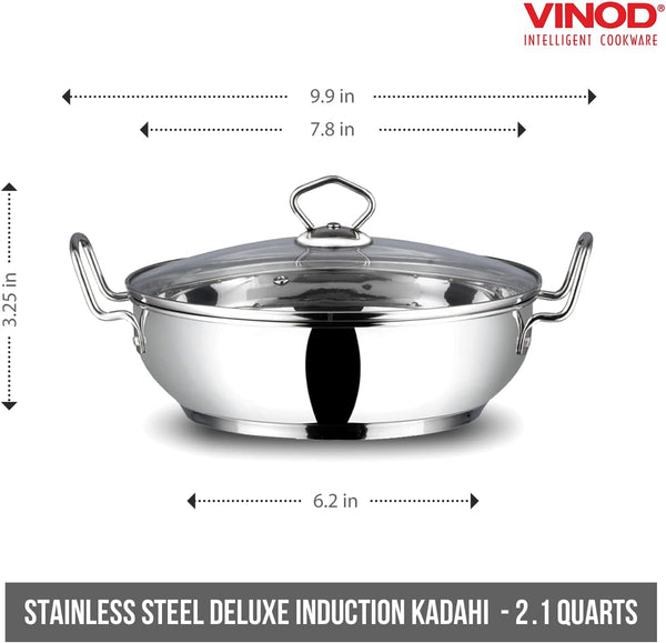 Stainless Steel Kadhai with Tempered Glass Lid, 20Cm, Premium Quality | 2 Litre Induction-Friendly Multi-Use Pot for Sauces, Deep Frying and Stews; Indian Cooking Essential2