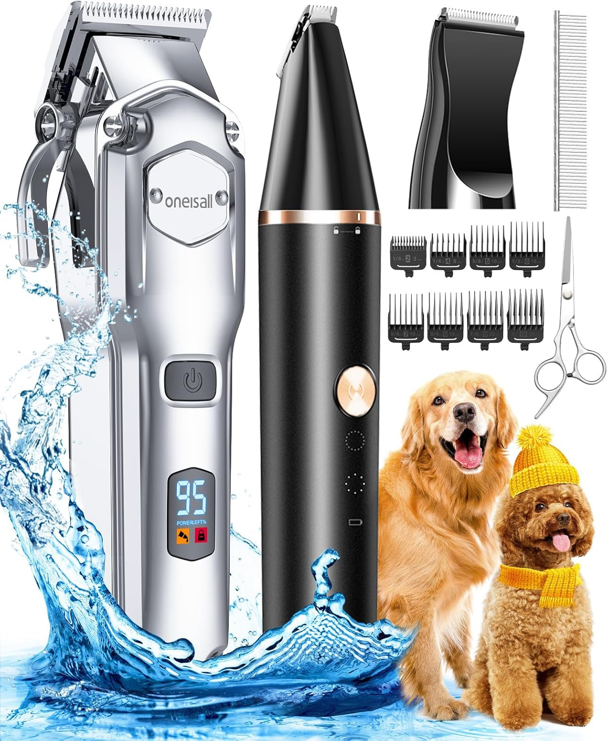 oneisall-dog-grooming-kit-for-thick-matted-hair-with-stainless-steel-blade-powerful-motor-dog-clippers-paw-trimmers-ipx7-waterproof-low-noise-cordless-long-battery-life