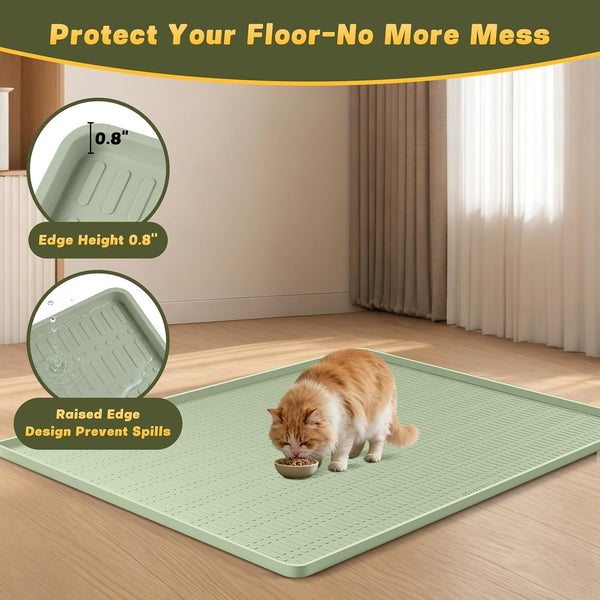 47" X 35" Silicone Cat Food Mat, Waterproof Pet Feeding Mat with Raised Edge, Extra Large Cat Bowl Mat Water Bowl Placemats for Cats, Non-Slip, Protects Floors, Easy to Clean (Light Green)6